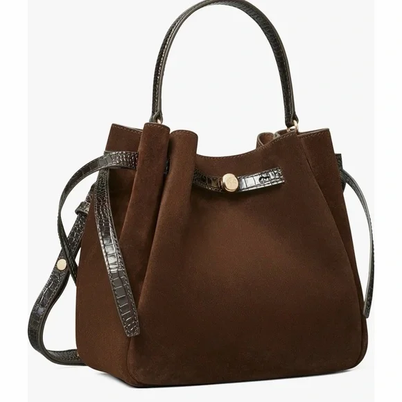 TORY BURCH ROMY SUEDE BUCKET BAG IN DARK COCOA