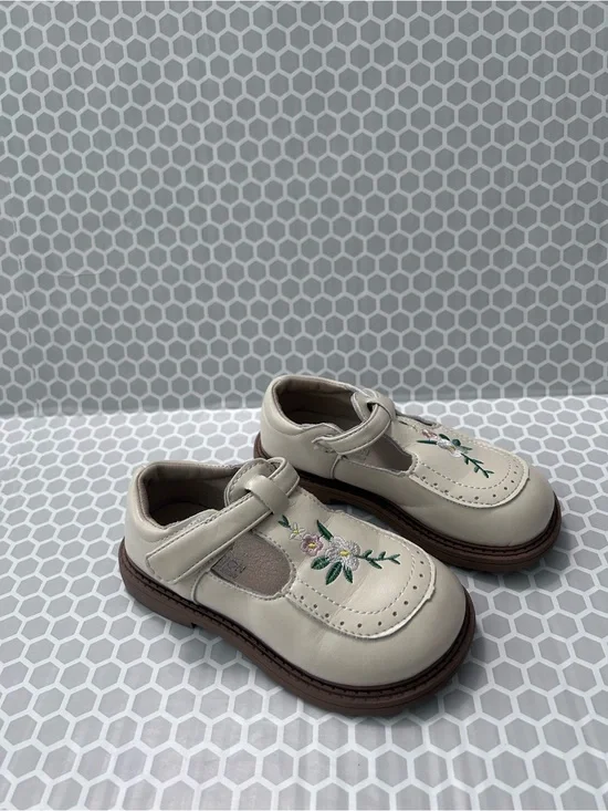 Girls Cream Mary Jane Shoes with Floral Embroidery & Velcro Straps