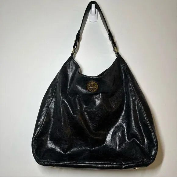 TORY BURCH Dena Black Glazed Distressed Leather Hobo Shoulder Bag