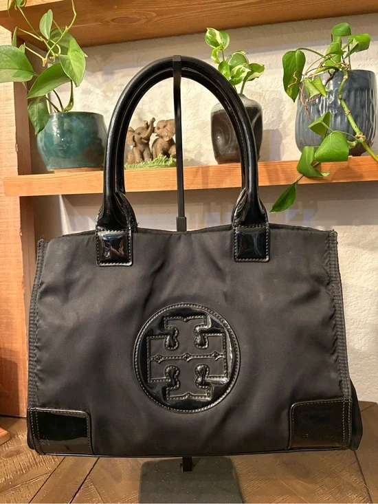 Tory Burch Black Nylon Tote with Patent Trim and Logo
