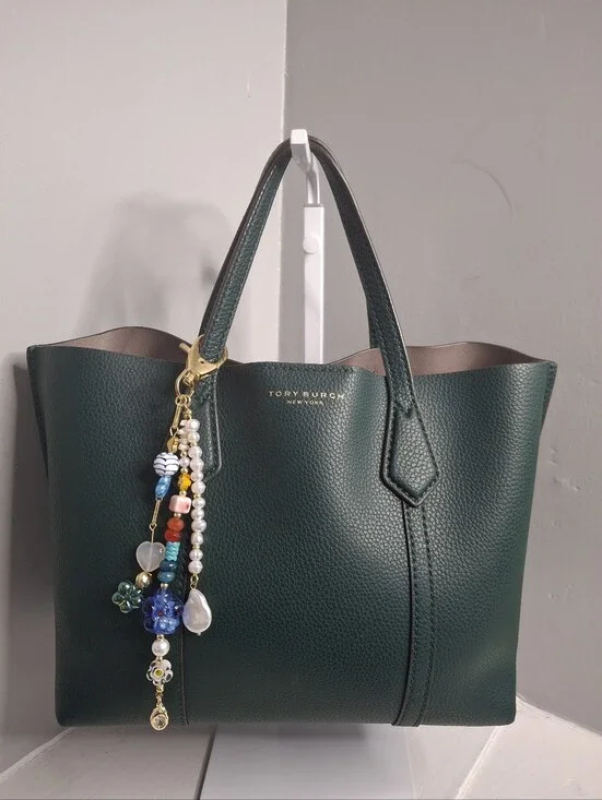 Tory Burch Emerald Green Pebbled Leather Tote Bag Charm Included EUC