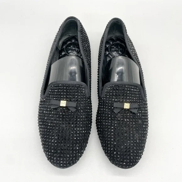 Tory Burch Womens 7M Chandra Black Crystal Suede Smoking Loafer Flat Preppy Glam