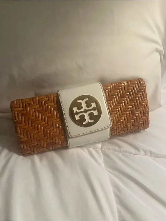 Tory Burch Tan Woven Straw Clutch with White Leather Logo Strap