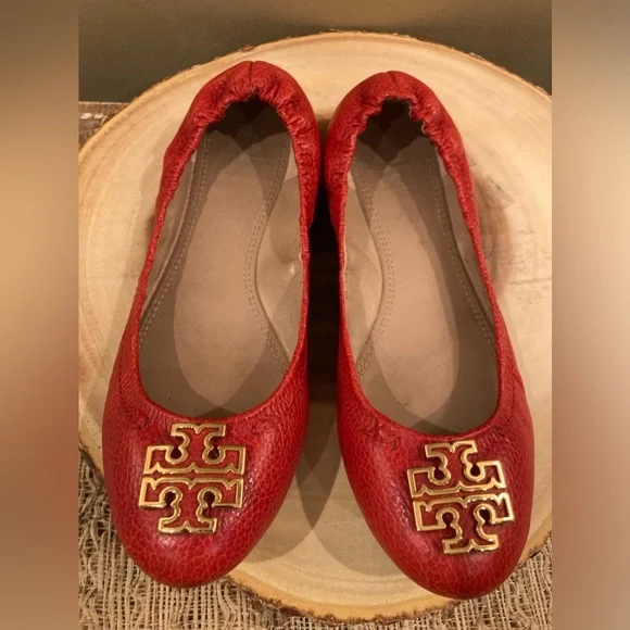 Tory Burch Womens RED Cognac Melinda size 8 M $250‎ Leather Ballet Flats