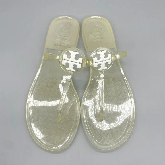 Tory Burch Mini Miller Jelly Thong Sandals Womens 11 Clear White Logo Y2K Beach