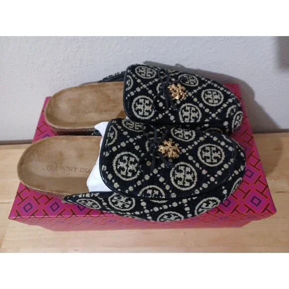 Tory Burch T Monogrammed Tory Charm Mules Clogs Size 9 Black Cream New In Box