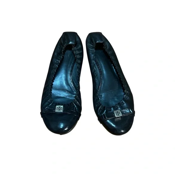Tory Burch Black Leather Ballet Flats Women’s 8.5 Patent Cap Toe Logo Bow Reva