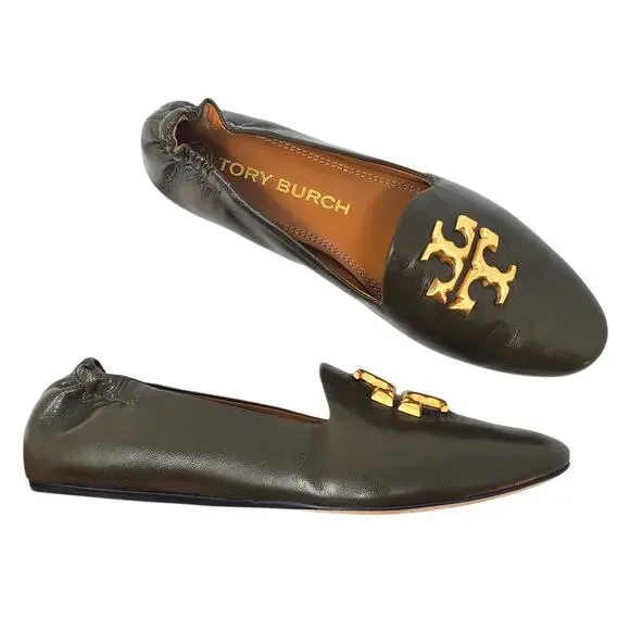 Tory Burch Eleanor Loafers Flat Goat Leather Moss Olive Green Gold 84922 Size 8