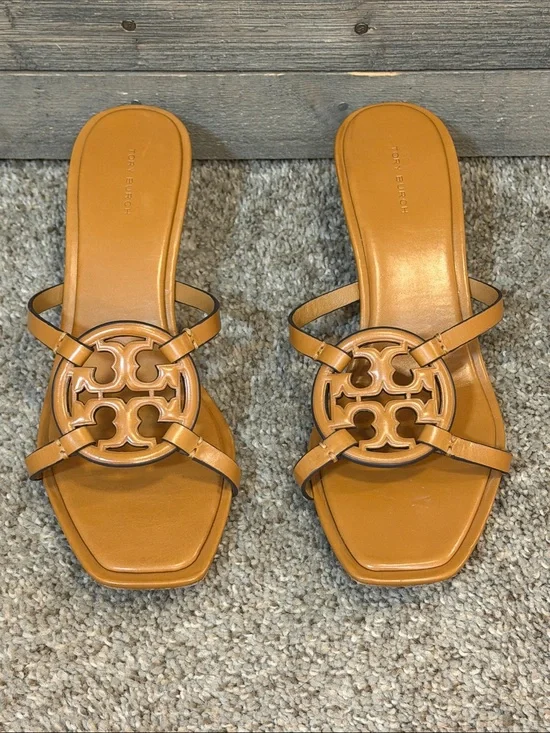 Tory Burch Miller Double Strap Leather Slide Sandals Gold Kitten Heel Tan SZ 11