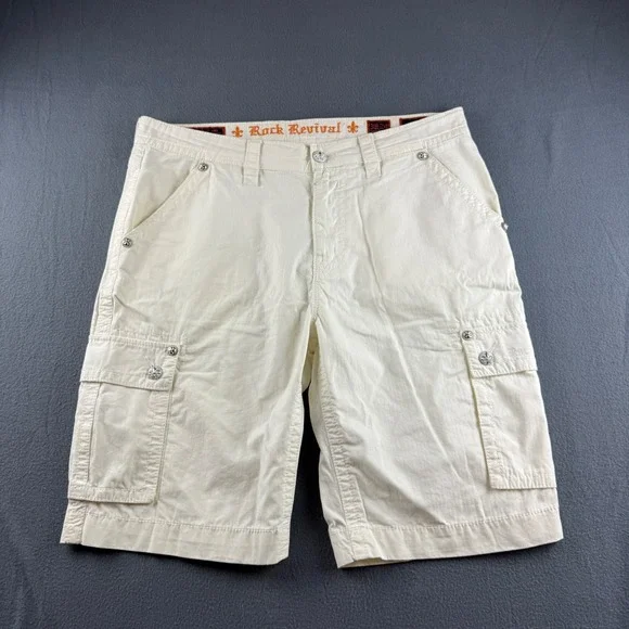 Rock Revival Shorts Men's 38 (Fits 40) White Cargo Slim Fit Embroidered Y2K