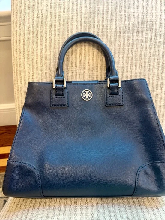 Tory Burch Navy Leather Top-Handle Tote w/ Silver Logo in Excellent Condition