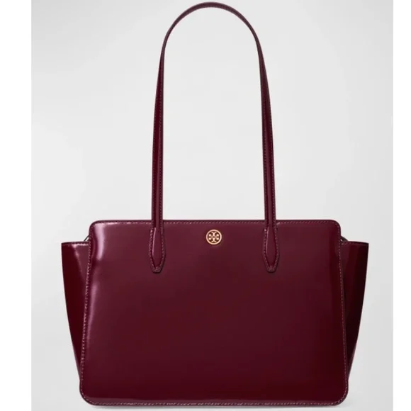 NWT $448 Tory Burch Robinson Small Shiny Leather Tote Bag in Beetle Berry!