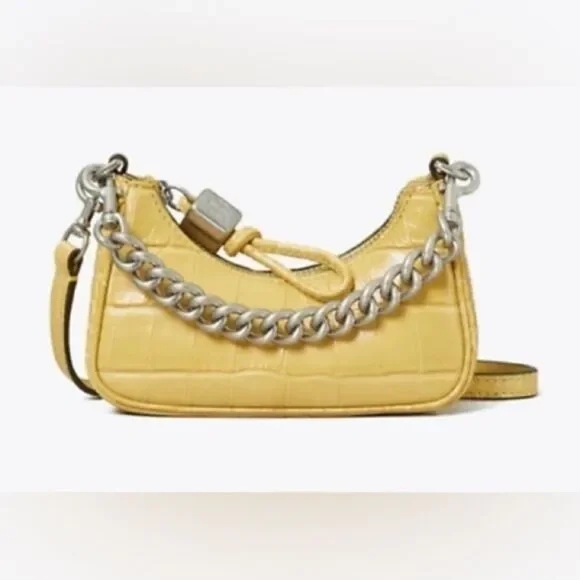 NWT Tory Burch Mercer Embossed Nano Crossbody Bag Beeswax Yellow Mini Chain Croc