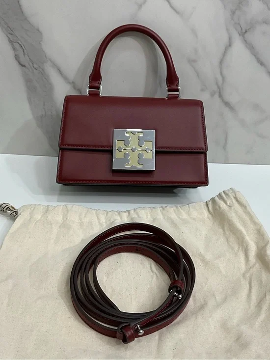 TORY BURCH Bon Bon Spazzolato Leather Mini Top Handle Crossbody Bag Burgundy