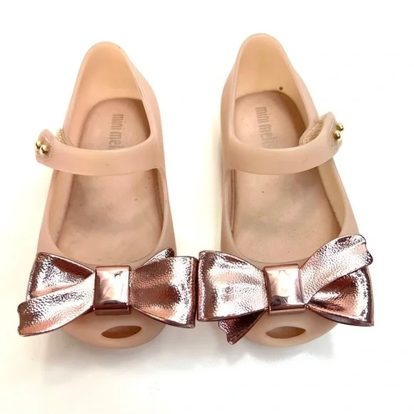 Mini Melissa rose gold pink metallic bow Scented Shoes Size 6 Toddler Girls