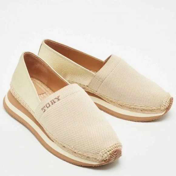 Tory Burch Gold/Beige Knit Fabric Daisy Espadrille Slip-On‎ Sneakers Sz 9