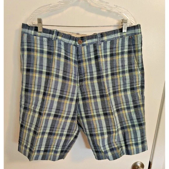 TOMMY BAHAMA Plaid Blue Linen Blend Shorts Mens Size 38 Paradise Nation