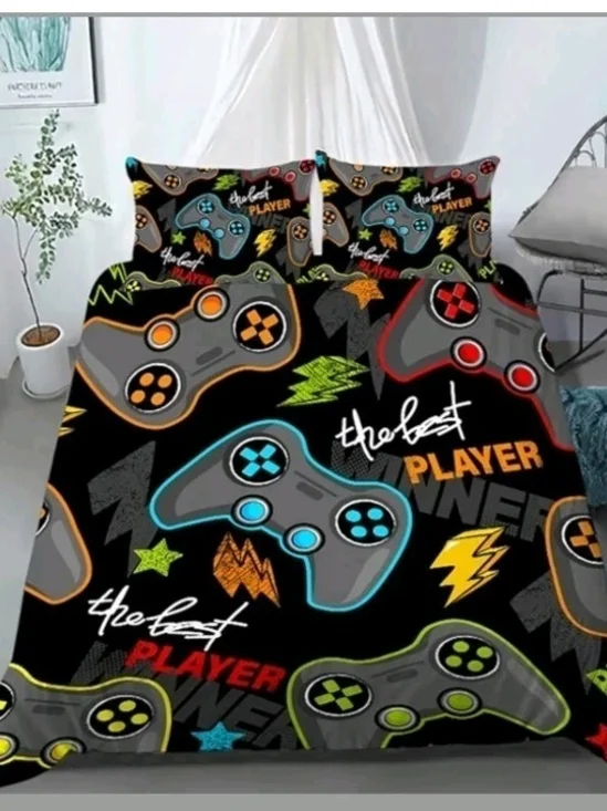 NWOT Vibrant Gamer Controller Print Bedding - 3 Piece Set Duvet W/ Pillowcases