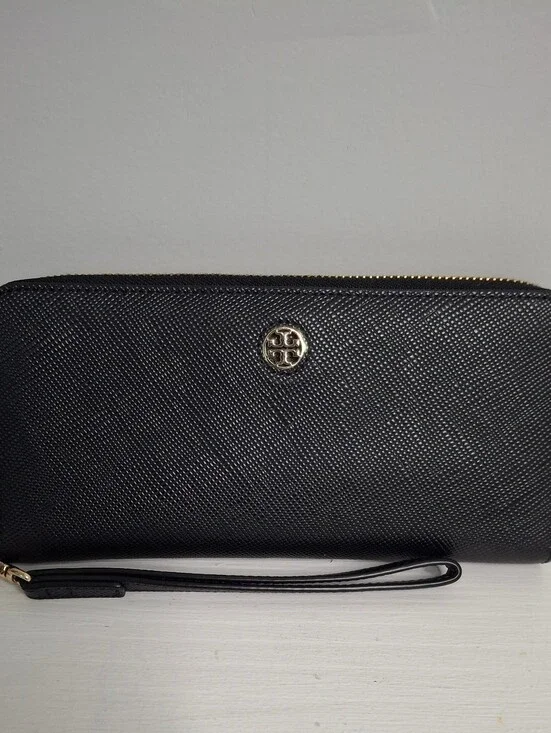Tory Burch Robinson Black Saffiano Leather Zip Around Wristlet Wallet EUC