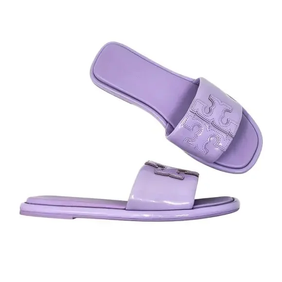 Tory Burch Double T Sport Slide Sandals Lavender Cloud Leather 141380 Size 6.5 M