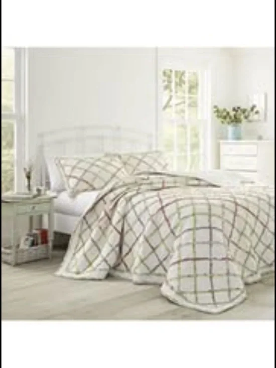 Laura Ashley White Comforter with Subtle Multi-Color Grid