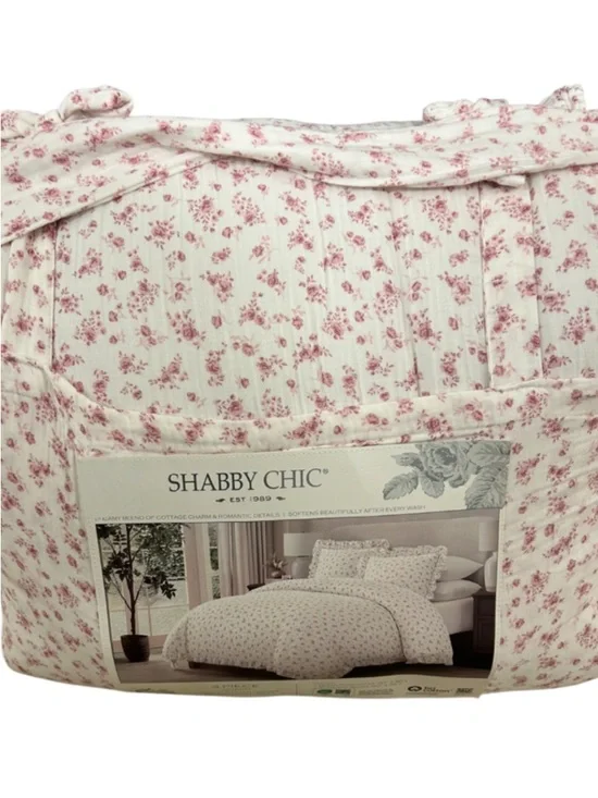Shabby Chic Floral Pink and White Cotton Gauze Queen Comforter Set 90”x90”
