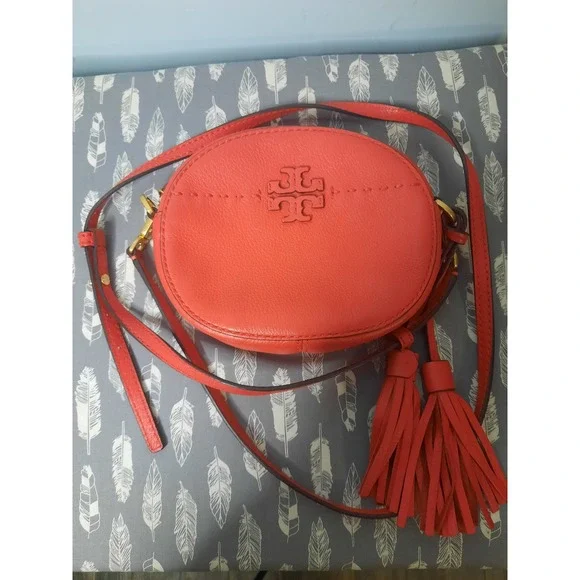Tory Burch McGraw Camera Bag Orange Pebbled Leather Crossbody Tassel Logo