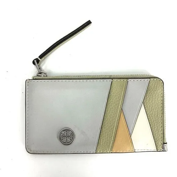 Tory Burch Robinson Color Block Top Zip Card Case Mini Wallet Feather Gray