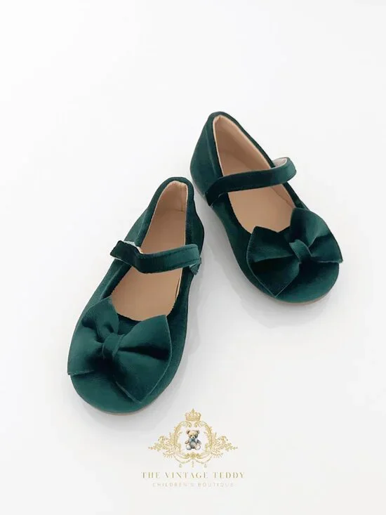 NWT Pretty Girls Mary Jane Velvet Flats Children's Shoes Baby Toddler Emerald 7