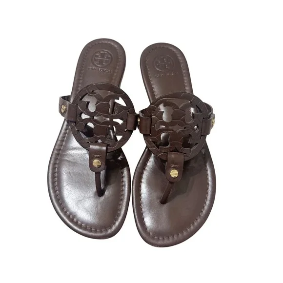 Tory Burch Miller Sandals Womens 6 Brown Leather Logo Thong Flat 5930 K17