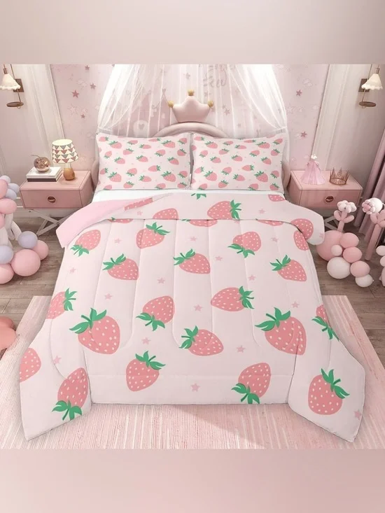 Feelyou Girly Pink Strawberry Twin Comforter Set