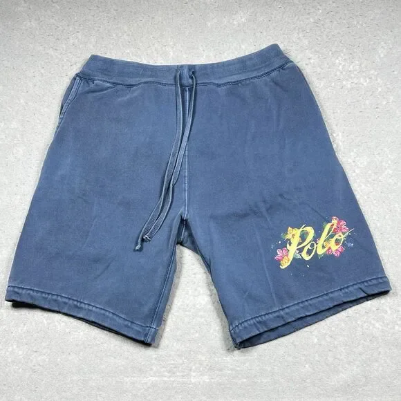 POLO RALPH LAUREN Sweat Shorts Mens Size Large Blue Polo Flower Logo Pockets