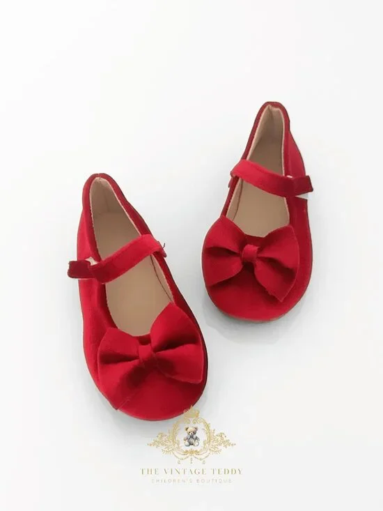 NWT Pretty Girls Mary Jane Velvet Flats Children's Shoes Baby Toddler Kids Red 7