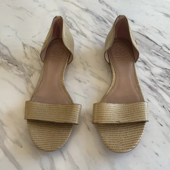 Tory Burch Savannah D'Orsay Flat Sandals Tan Embossed Leather Strap‎ Front Sz 10