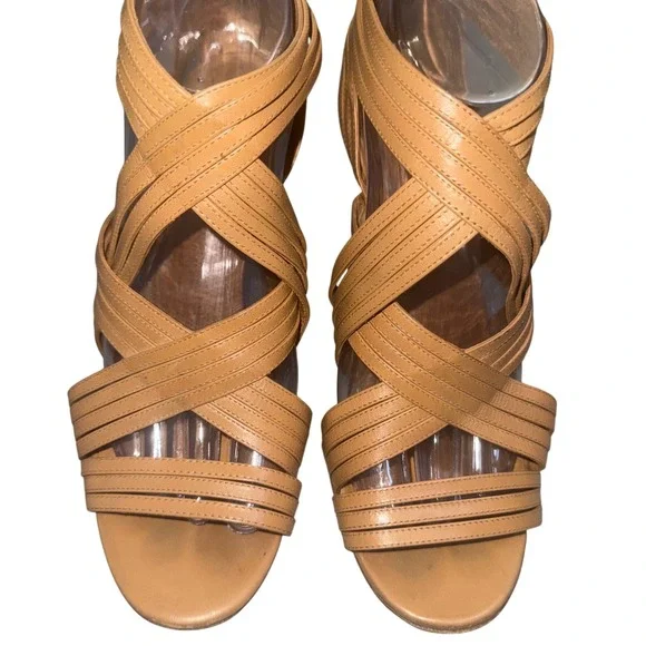 Tory Burch Tan Leather Strappy Caged Stiletto Heels Sandals Gold Logo Zip 8.5M