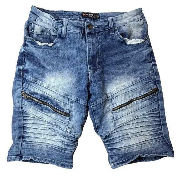 Southpole Mens Biker‎ Denim Shorts Blue Acid Wash Moto Slim Fit Size 32 Zippers
