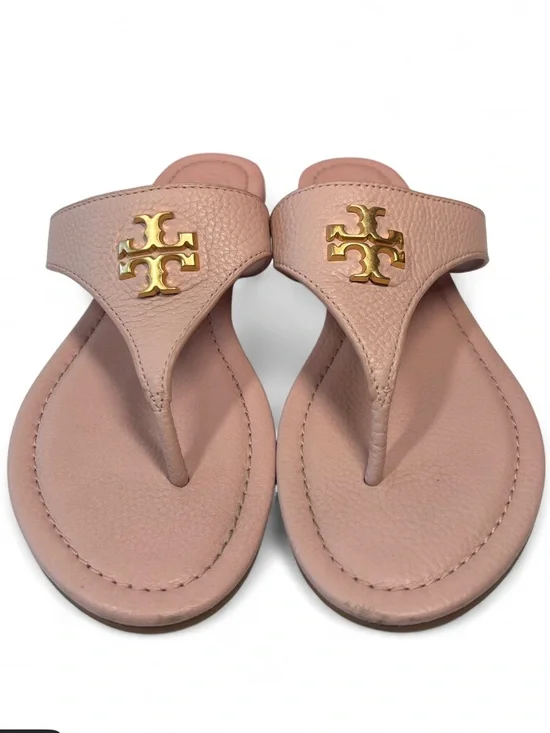 the Tory Burch Jolie Flat Thong Sandals in Sea Shell Pink tumbled leather. 6.5