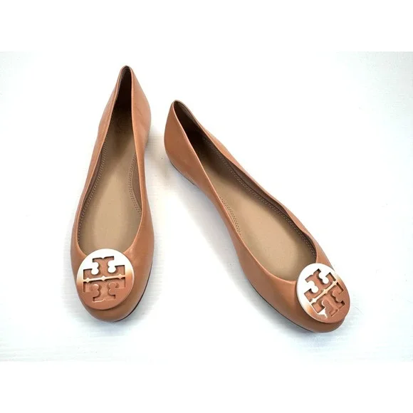 Tory Burch Claire‎ Travel Ballet Flats Women 11M NWOB Leather Dip-Dye Logo Tan