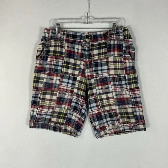 Old Navy Classic Patchwork Plaid Chino Shorts Mens 32 High Rise Casual Beach Dad