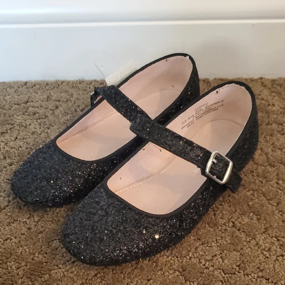 Girls Falls Creek Black Glitter Dress Flats w Strap Size 1 Dress Shoes NWT