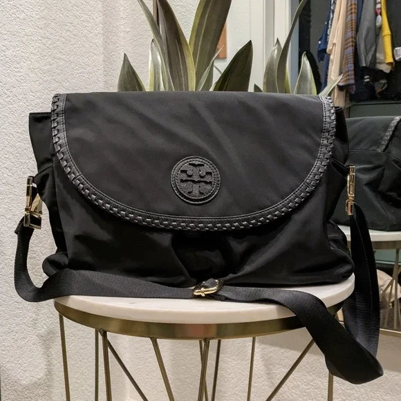 Tory Burch Marion Messenger Bag Women Medium Black Nylon Leather Trim Crossbody