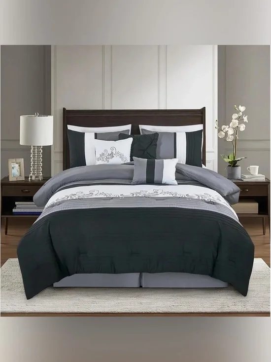 Gray and Black Embroidered Comforter Set - Brand: