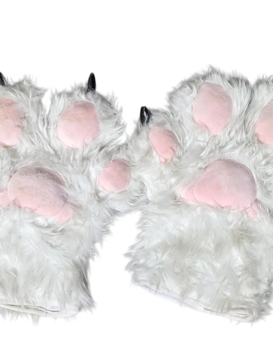 White Plush Bear Paw Gloves with Pink Pads