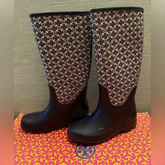 Tory Burch Black and Cream Winter Rain Boots