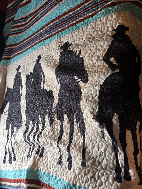 Western Horse Silhouette Quilted Comfort - Black on Cream with Turquoise Stripes
