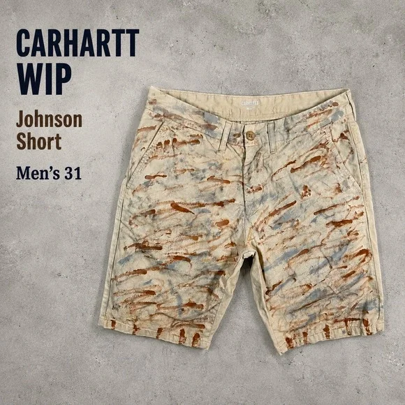 Carhartt WIP Johnson Short Mens 31 Tan Painted Camo Distressed Chino Shorts
