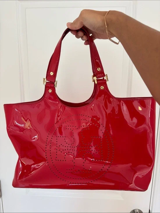Tory Burch Red Patent Perforated Logo Tote
