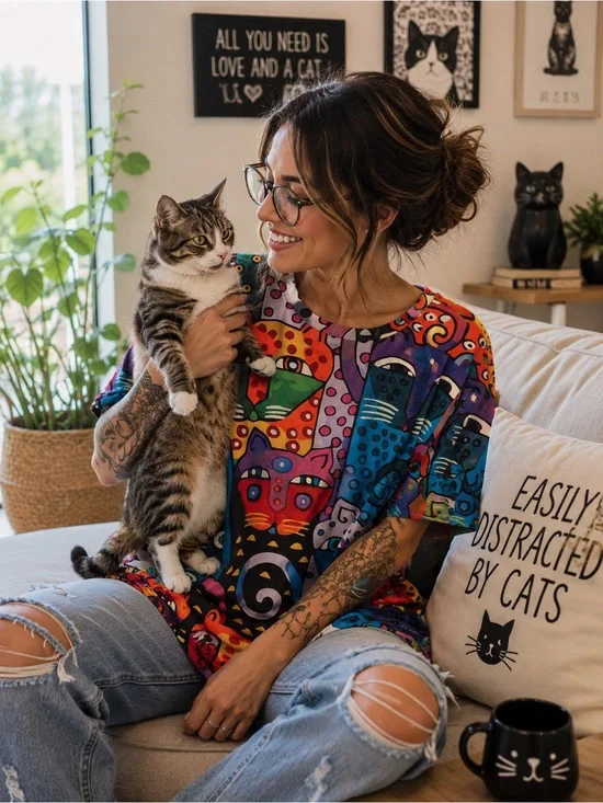 Women’s Colorful Cat Print Tee — Multicolor