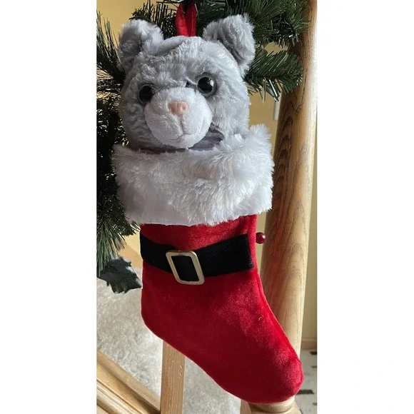 Vintage Plush Cat Christmas Stocking Black Santa Belt