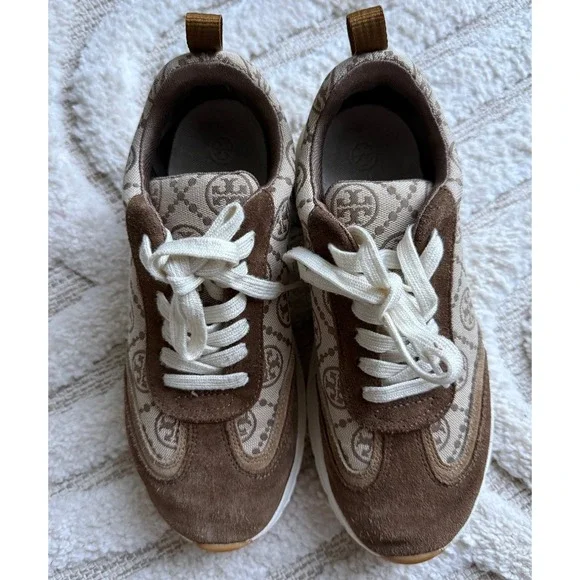 Tory Burch Good Luck Trainer Brown Tan Monogram Suede Sneakers 7M 87331